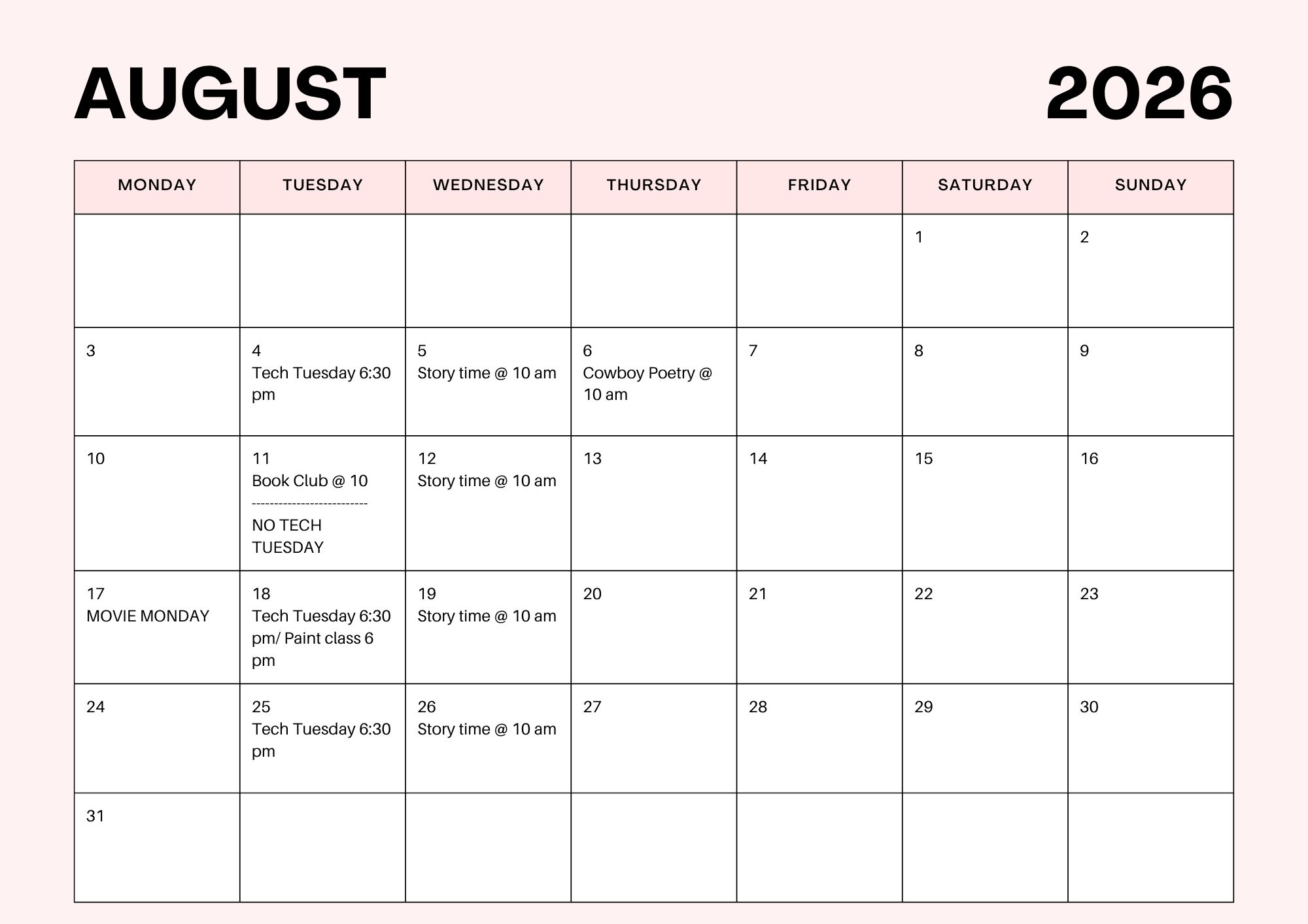 Pink Simple June 2026 Calendar Agenda A4 Document